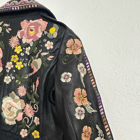 Alice + Olivia Cody Embroidered Leather Jacket size US XS Black Floral Moto - Picture 11 of 16